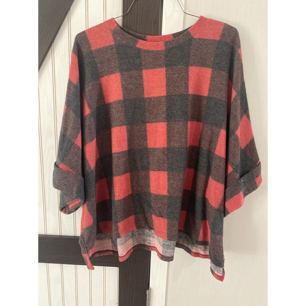 Adrienne Anthropologie Red Black Buffalo Plaid Dolman Sleeve Oversized Top Small